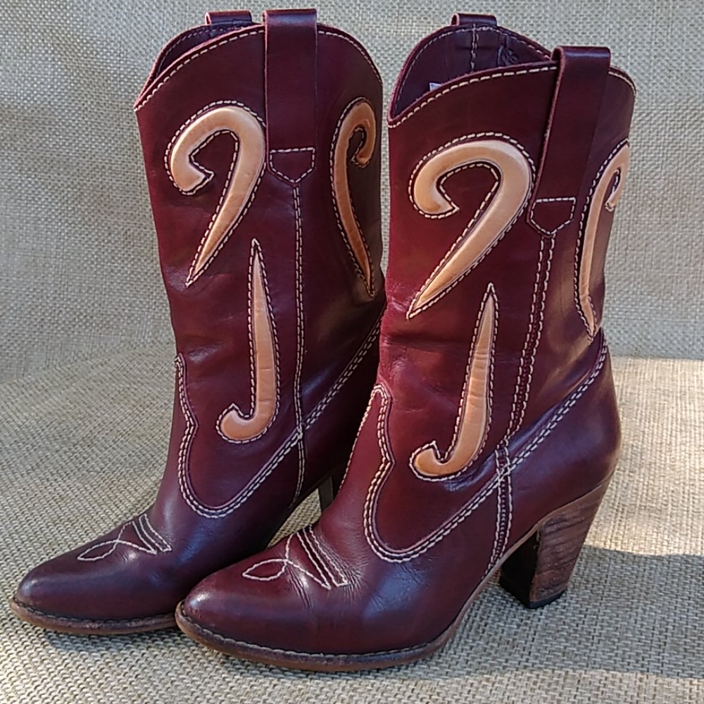 Vintage 1970 Western Leather Boots Wine